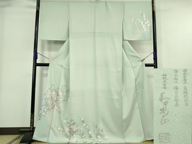 平和屋本店●極上　金彩友禅　卓越技能者・名工・和田光正　訪問着　貝桶　檜扇花文　白緑色地　金銀彩　逸品　未使用　DZAB6346kh6