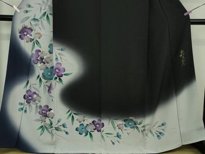 平和屋着物●極上　皇室デザイナー　中村乃武夫　訪問着　枝垂れ花　黒地　暈し染め　金銀彩　やまと誂製　逸品　DZAB6347kh6