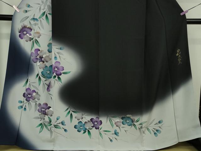 平和屋着物●極上　皇室デザイナー　中村乃武夫　訪問着　枝垂れ花　黒地　暈し染め　金銀彩　やまと誂製　逸品　DZAB6347kh6
