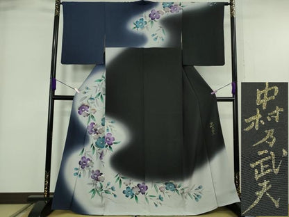 平和屋着物●極上　皇室デザイナー　中村乃武夫　訪問着　枝垂れ花　黒地　暈し染め　金銀彩　やまと誂製　逸品　DZAB6347kh6