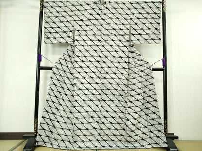 平和屋本店●極上　本疋田絞り　小紋　総絞り　菱文　黒×白　逸品　未使用　DZAB6351kh6