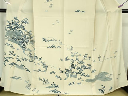平和屋本店▽極上　訪問着　単衣　本藍　風景花文　鳥の子色地　逸品　未使用　DZAB6352kh6