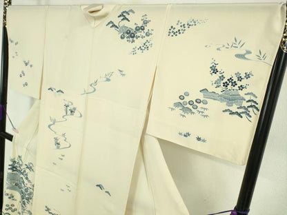 平和屋本店▽極上　訪問着　単衣　本藍　風景花文　鳥の子色地　逸品　未使用　DZAB6352kh6