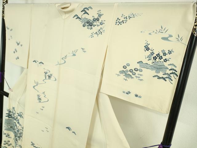 平和屋本店▽極上　訪問着　単衣　本藍　風景花文　鳥の子色地　逸品　未使用　DZAB6352kh6