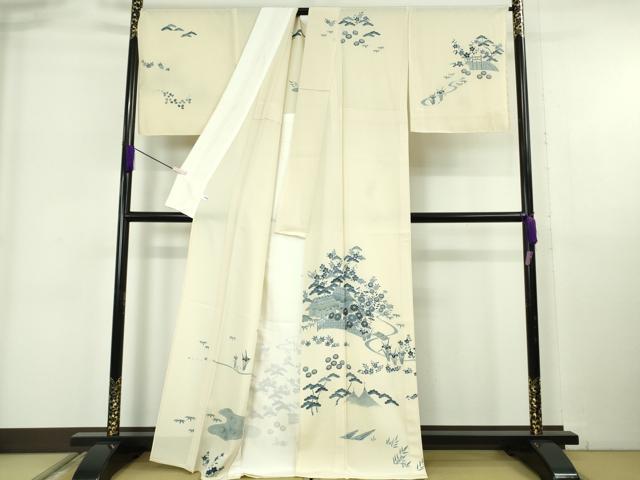 平和屋本店▽極上　訪問着　単衣　本藍　風景花文　鳥の子色地　逸品　未使用　DZAB6352kh6