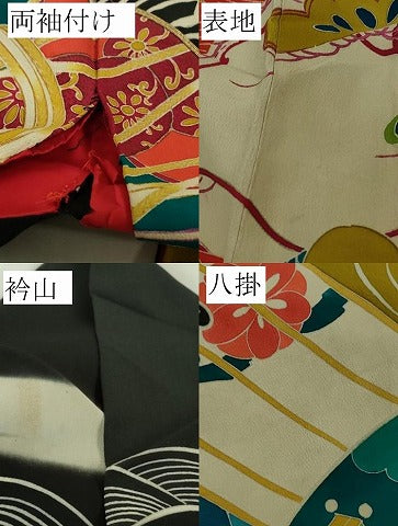 平和屋本店●極上　アンティーク　大正ロマン　振袖　駒刺繍　宝尽くし　立波文　黒地　金彩　逸品　DZAB6356kh6