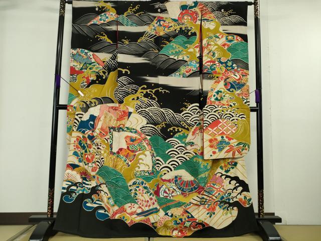 平和屋本店●極上　アンティーク　大正ロマン　振袖　駒刺繍　宝尽くし　立波文　黒地　金彩　逸品　DZAB6356kh6