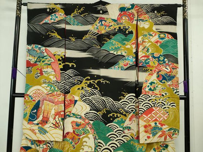 平和屋本店●極上　アンティーク　大正ロマン　振袖　駒刺繍　宝尽くし　立波文　黒地　金彩　逸品　DZAB6356kh6