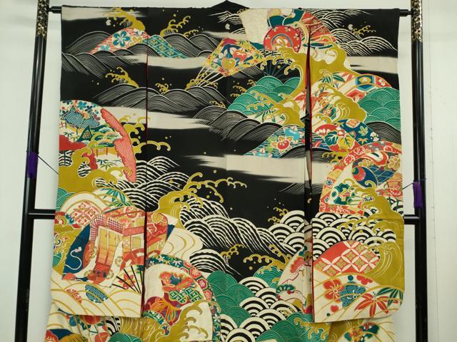 平和屋本店●極上　アンティーク　大正ロマン　振袖　駒刺繍　宝尽くし　立波文　黒地　金彩　逸品　DZAB6356kh6