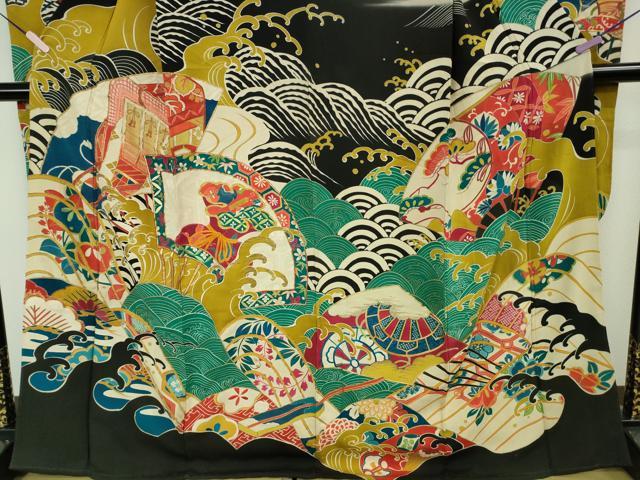 平和屋本店●極上　アンティーク　大正ロマン　振袖　駒刺繍　宝尽くし　立波文　黒地　金彩　逸品　DZAB6356kh6