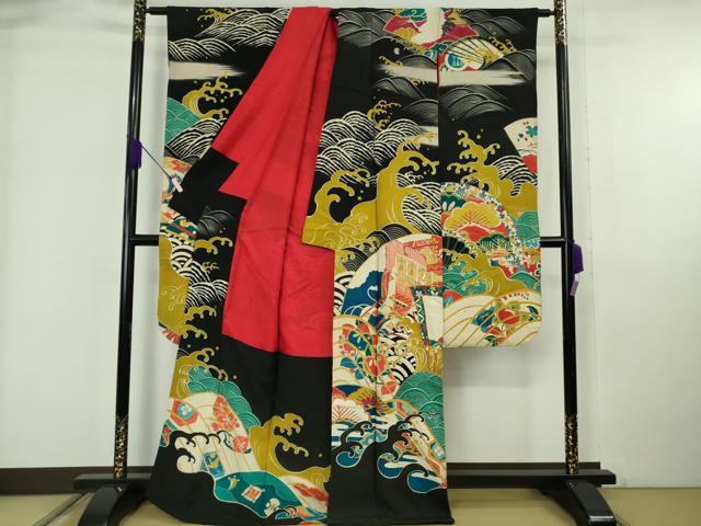 平和屋本店●極上　アンティーク　大正ロマン　振袖　駒刺繍　宝尽くし　立波文　黒地　金彩　逸品　DZAB6356kh6
