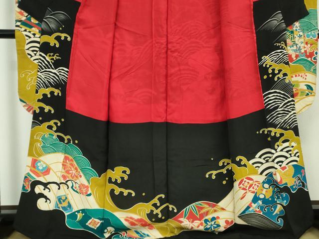 平和屋本店●極上　アンティーク　大正ロマン　振袖　駒刺繍　宝尽くし　立波文　黒地　金彩　逸品　DZAB6356kh6
