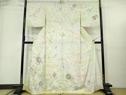 平和屋本店▽極上　訪問着　単衣　駒刺繍　雪輪　舞桜　暈し染め　逸品　未使用　DZAB6362kh6