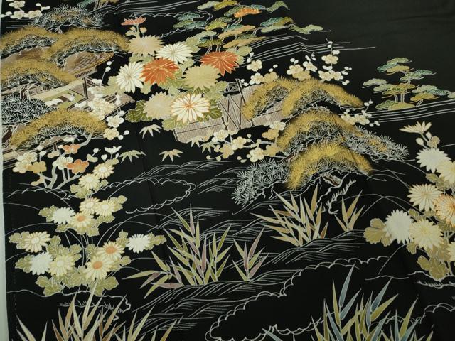 平和屋本店●極上　創業460年・千總　黒留袖　駒刺繍　風景吉祥花松文　金彩　逸品　DZAB6366kh6