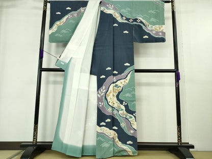 平和屋着物●極上　京友禅の第一人者　松井青々　訪問着　紬地　絞り　風景花文　逸品　未使用　DZAB6368kh6