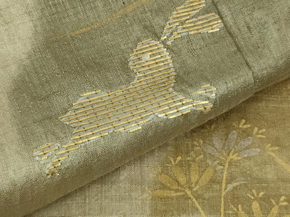 平和屋着物●極上 インド・アッサム 野蚕糸 手織 ムガシルク 訪問着　刺繍　雪輪　兎花文　暈し染め　生壁色地　金銀糸　逸品　DZAB6371kh6