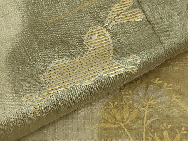 平和屋着物●極上 インド・アッサム 野蚕糸 手織 ムガシルク 訪問着　刺繍　雪輪　兎花文　暈し染め　生壁色地　金銀糸　逸品　DZAB6371kh6