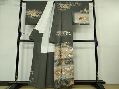 平和屋本店●極上　銀座もとじ　訪問着　駒刺繍　御所車風景花文　羊羹色地　暈し染め　金彩　たとう紙付き　逸品　DZAB6379kh6