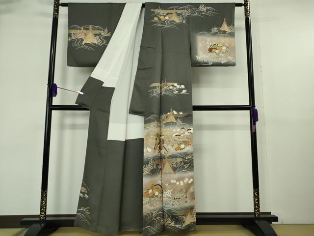 平和屋本店●極上　銀座もとじ　訪問着　駒刺繍　御所車風景花文　羊羹色地　暈し染め　金彩　たとう紙付き　逸品　DZAB6379kh6