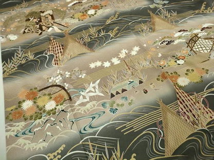 平和屋本店●極上　銀座もとじ　訪問着　駒刺繍　御所車風景花文　羊羹色地　暈し染め　金彩　たとう紙付き　逸品　DZAB6379kh6