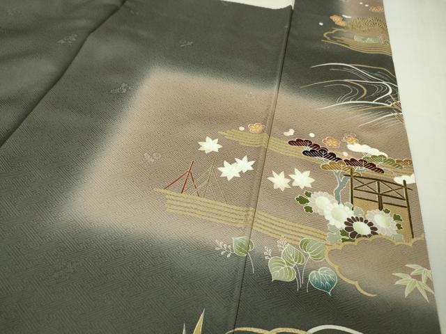 平和屋本店●極上　銀座もとじ　訪問着　駒刺繍　御所車風景花文　羊羹色地　暈し染め　金彩　たとう紙付き　逸品　DZAB6379kh6