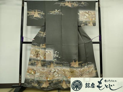 平和屋本店●極上　銀座もとじ　訪問着　駒刺繍　御所車風景花文　羊羹色地　暈し染め　金彩　たとう紙付き　逸品　DZAB6379kh6
