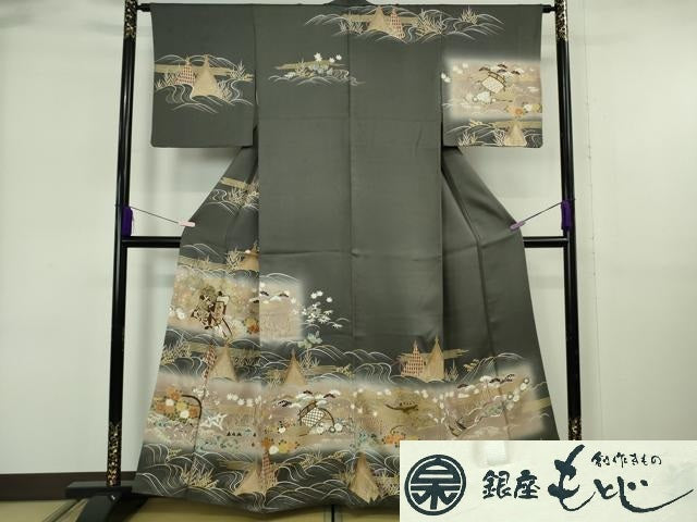 平和屋本店●極上　銀座もとじ　訪問着　駒刺繍　御所車風景花文　羊羹色地　暈し染め　金彩　たとう紙付き　逸品　DZAB6379kh6