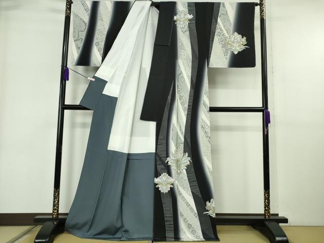 平和屋本店●極上　訪問着　総手刺繍　洋花文　ペイズリー柄　黒地　暈し染め　金糸　逸品　未使用　DZAB6385kh6