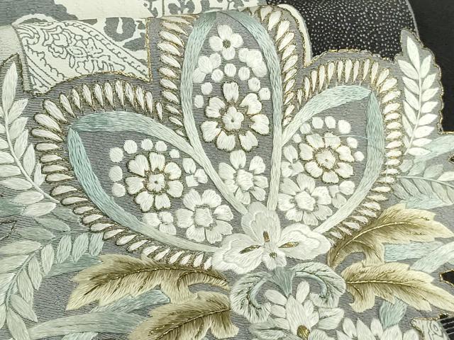 平和屋本店●極上　訪問着　総手刺繍　洋花文　ペイズリー柄　黒地　暈し染め　金糸　逸品　未使用　DZAB6385kh6