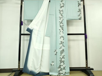 平和屋本店●極上　東京友禅　菅有鬼一　訪問着　草花間道　水色地　銀彩　逸品　DZAB6389kh6
