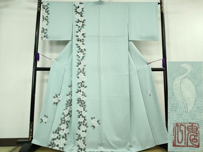 平和屋本店●極上　東京友禅　菅有鬼一　訪問着　草花間道　水色地　銀彩　逸品　DZAB6389kh6