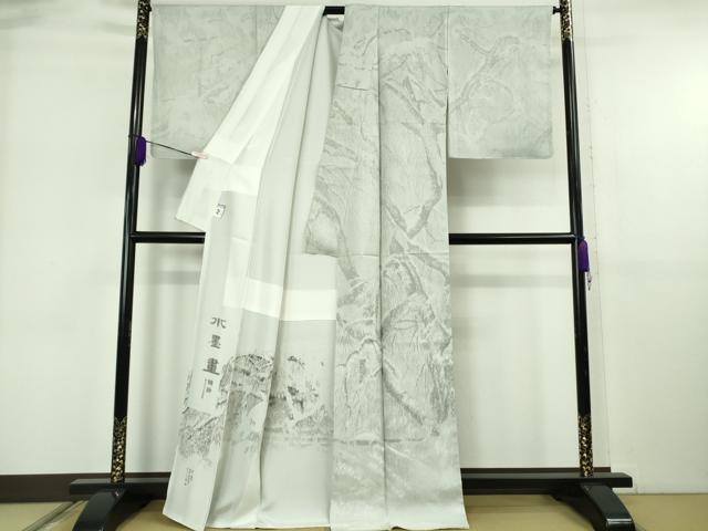 平和屋本店●極上　琉染の創設者　山岡古都　水墨書　訪問着　雪景色　雪持ち　樹木　白花色地　逸品　未使用　DZAB6393kh6