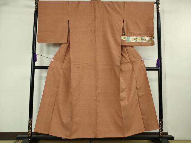 平和屋本店▽極上　本場結城紬　重要無形文化財　単衣　奥順謹製　色無地　赭色　証紙付き　逸品　DZAB6397kh6