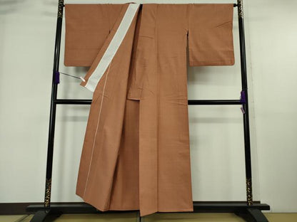 平和屋本店▽極上　本場結城紬　重要無形文化財　単衣　奥順謹製　色無地　赭色　証紙付き　逸品　DZAB6397kh6