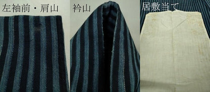 平和屋本店▽極上　男性　人間国宝　千葉あやの　重要無形文化財　正藍冷染　綿紬　単衣　縞　反端付き　逸品　DZAB6400kh6