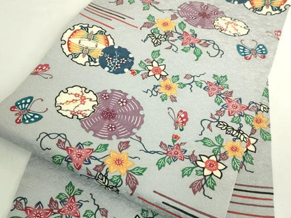 平和屋本店●極上　本場琉球紅型　平野晋二郎　九寸名古屋帯　雪輪花鳥文　淡藤色地　参考資料付き　逸品　DZAB6406kh6