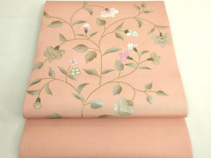 平和屋着物●極上　塩瀬　九寸開き名古屋帯　駒刺繍　更紗花文　深支子色地　金銀彩　逸品　DZAB6407kh6