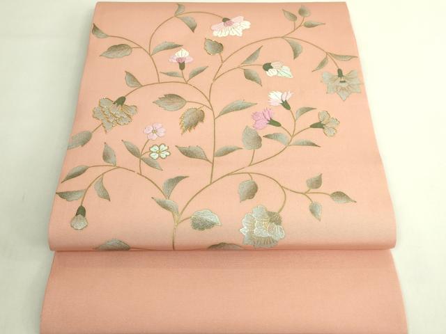 平和屋着物●極上　塩瀬　九寸開き名古屋帯　駒刺繍　更紗花文　深支子色地　金銀彩　逸品　DZAB6407kh6