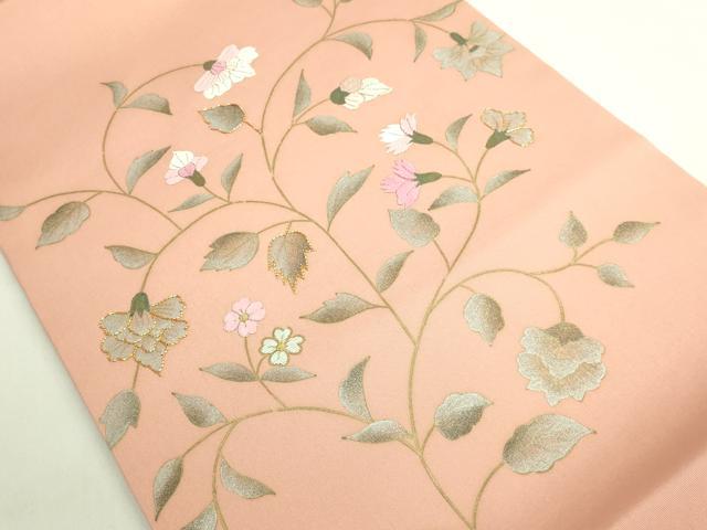 平和屋着物●極上　塩瀬　九寸開き名古屋帯　駒刺繍　更紗花文　深支子色地　金銀彩　逸品　DZAB6407kh6