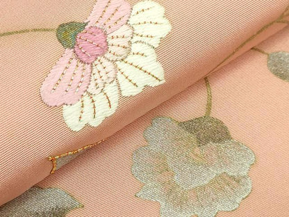 平和屋着物●極上　塩瀬　九寸開き名古屋帯　駒刺繍　更紗花文　深支子色地　金銀彩　逸品　DZAB6407kh6