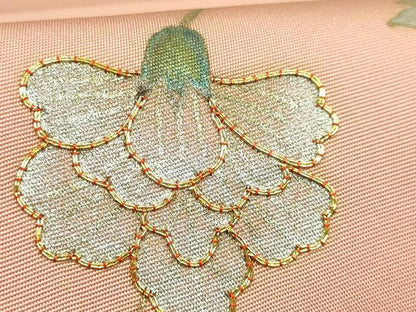 平和屋着物●極上　塩瀬　九寸開き名古屋帯　駒刺繍　更紗花文　深支子色地　金銀彩　逸品　DZAB6407kh6