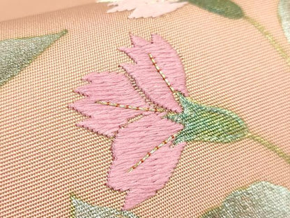 平和屋着物●極上　塩瀬　九寸開き名古屋帯　駒刺繍　更紗花文　深支子色地　金銀彩　逸品　DZAB6407kh6