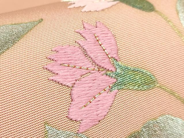 平和屋着物●極上　塩瀬　九寸開き名古屋帯　駒刺繍　更紗花文　深支子色地　金銀彩　逸品　DZAB6407kh6