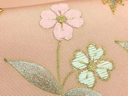 平和屋着物●極上　塩瀬　九寸開き名古屋帯　駒刺繍　更紗花文　深支子色地　金銀彩　逸品　DZAB6407kh6