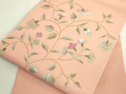 平和屋着物●極上　塩瀬　九寸開き名古屋帯　駒刺繍　更紗花文　深支子色地　金銀彩　逸品　DZAB6407kh6