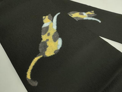平和屋本店●極上　九寸名古屋帯　三毛猫　絹菱　黒地　反端付き　逸品　新品　DZAB6409kh6