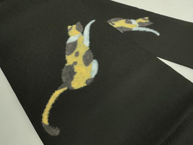 平和屋本店●極上　九寸名古屋帯　三毛猫　絹菱　黒地　反端付き　逸品　新品　DZAB6409kh6
