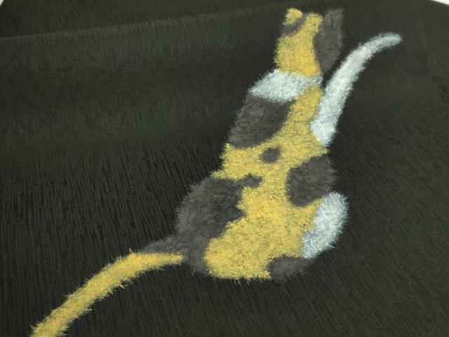 平和屋本店●極上　九寸名古屋帯　三毛猫　絹菱　黒地　反端付き　逸品　新品　DZAB6409kh6
