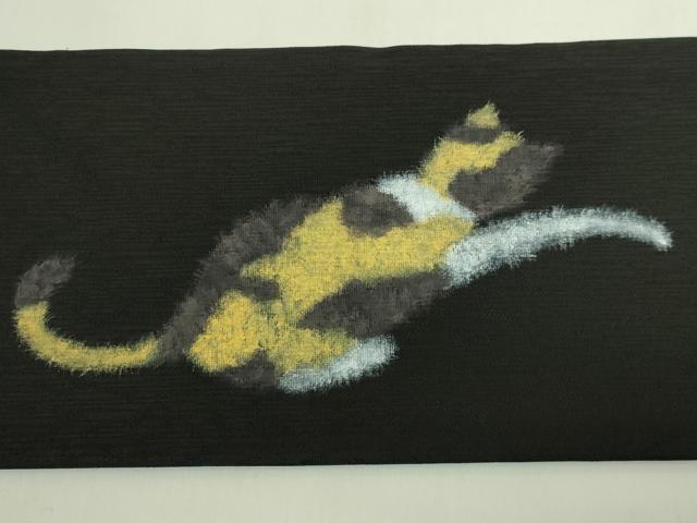 平和屋本店●極上　九寸名古屋帯　三毛猫　絹菱　黒地　反端付き　逸品　新品　DZAB6409kh6