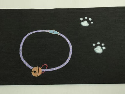 平和屋本店●極上　九寸名古屋帯　三毛猫　絹菱　黒地　反端付き　逸品　新品　DZAB6409kh6